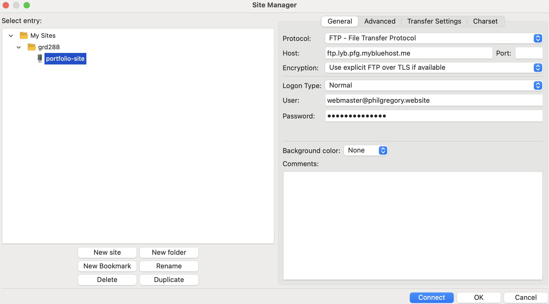 An image of the site manager interface in Fetch that shows I have set up my FTP account to connect to my hosting space
